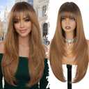 XIXIBI Light Brown Wigs with Bangs for Women,Long Layered Hairstyle,4x4 Realistic Scalp,Free Parting,26Inches Synthetic Heat Resistant Wig for Girls Daily Party Use