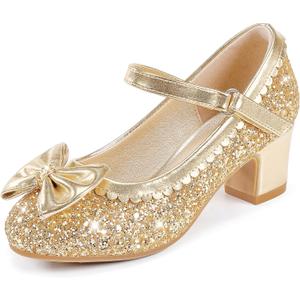 Princess Shoes High Heel Toddler Girls Dress Shoes Cute Bowknot Sparkle Mary Jane Flower Girls Wedding Birthday Party Prom for Little Big Kids (Gold Sequins)