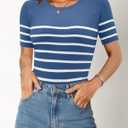 ONLYSHE Womens Short Sleeve T Shirts Summer Crewneck Tops Ribbed Knit Slim Fit Shirt Casual Basic Tees Tops (Small, D-medium Blue)