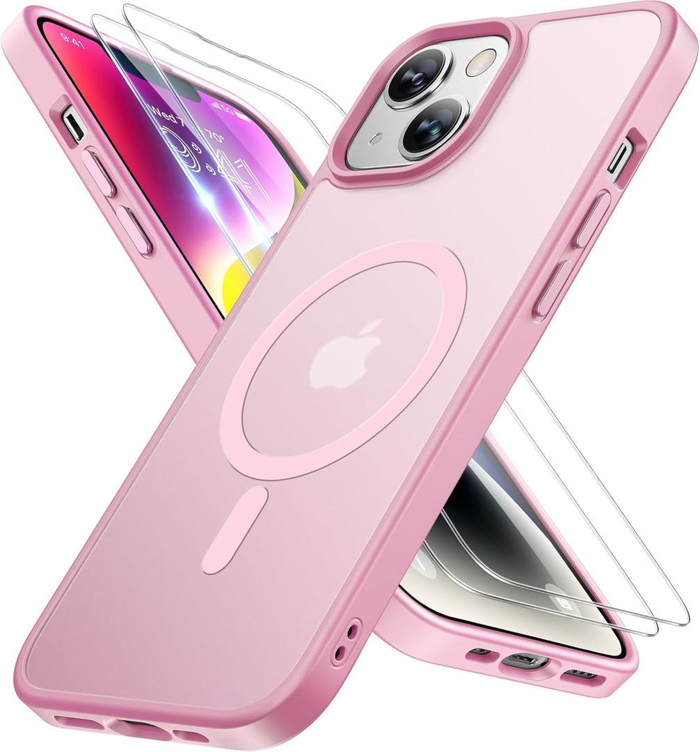 Miracase for iPhone 14 Case [MagSafe Compatible] [2 9H Tempered Glass] 12FT Military-Grade Drop Protection, Slim Translucent Matte, Anti-Fingerprint, Shockproof with Metal Buttons, Mes-Pink