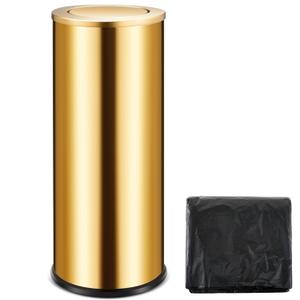 30L/8GAL Gold Lidded Trash Can with 100 Garbage Bags Metallic Gold Brass Kitchen Garbage Bin with Flip Lid Commercial Compact Waste Basket for Shopping Centers, Elevator Doors, Hotels