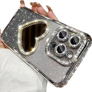 Glitter Mirror Case for iPhone 16 Pro Max, Luxury Diamond Heart Makeup Mirror Bling Sparkly Rhinestones with Camera Protector Plating Bumper Women Girls Case for iPhone 16 Pro Max 6.9", Silver
