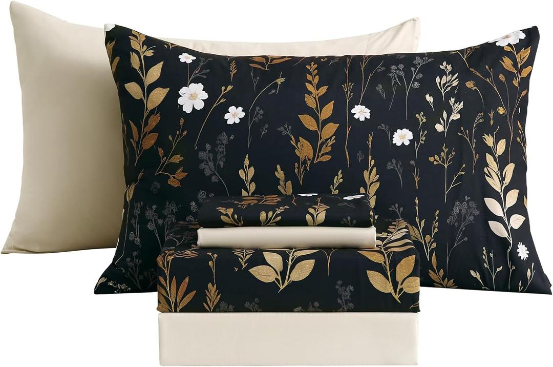 Botanical 6-Piece Full Size Sheets Set, Boho Floral Print Brushed Microfiber Sheets, Cooling Bed Sheet Set, Ultra Soft & Breathable, 16' Deep Pocket Fitted Sheet & Pillowcase Set, Beige Brown Leaves (Mysterious Bloom & Leaf)