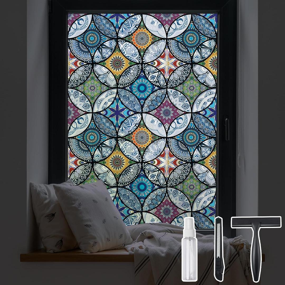 DKTIE Static Cling Decorative Window Film with Installation Tools Non Adhesive Privacy Film Stained Glass Window Film for Bathroom Shower Door Heat Cotrol Anti UV 35.4 x 118.1 Inch (Blue)