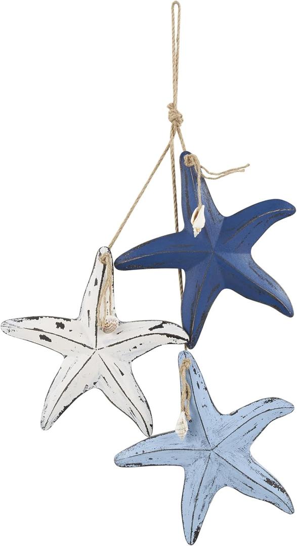Deco 79 Wooden Starfish Home Wall Decor Distressed Layered Wall Sculpture with Hanging Rope and Decorative Shell Accents, Wall Art 2" x 10" x 27", Blue