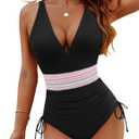 Blooming Jelly Women Tummy Control Swimsuits One Piece Slimming Modest Bathing Suit Color Block Drawstring Swim Suits (Large, Black)