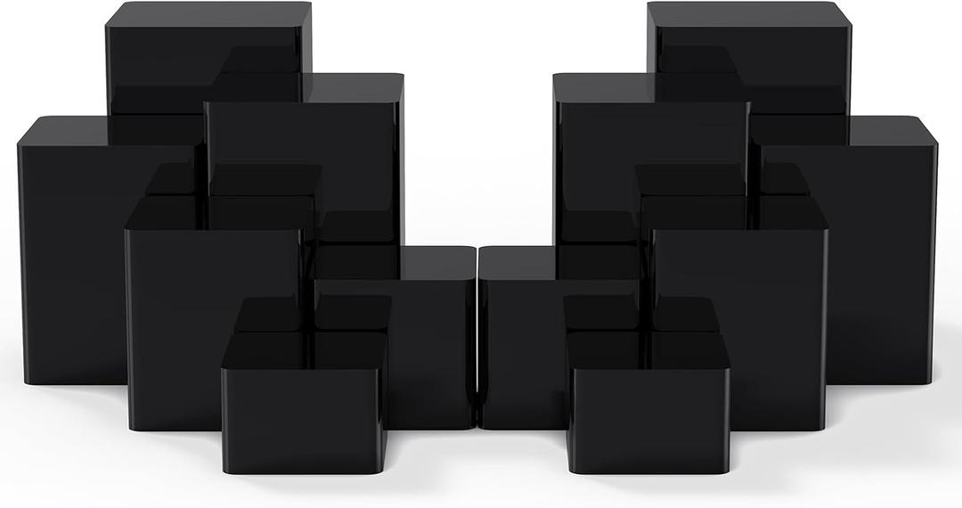 Thyle Jewelry Acrylic Risers Square Cube Display Nesting Risers Figure Stand with Hollow Bottoms Display Stand Shelf for Cosmetics Food Collectibles Perfume, 6 Sizes (Black,12 Pcs)