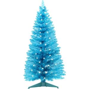 4ft Lighted Artificial Blue Christmas TreeSmall Snowy Artificial Xmas Tree, Not Pre-lit White Tinsel Pine Trees with Lights for Small Spaces, Office Lobby & Winter Wedding Centerpiece (Blue)