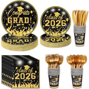 175PCS Graduation Plates and Napkins Set 2026 Graduation Party Supplies Tableware Set Include Paper Plate Napkin Cup Knife Fork Spoon for Black Gold Grad Party Decor Serve25 (Black and Gold)