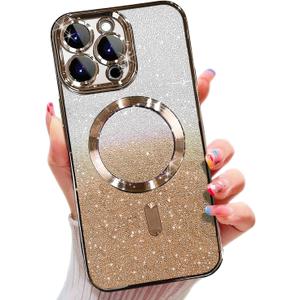 Misscase for iPhone 15 Pro Magnetic Glitter Case Compatible with MagSafe,Camera Lens Protector Full Protection Elegant Anti-Scratch Dust-Proof Net Case Cover for iPhone 15 Pro Gold