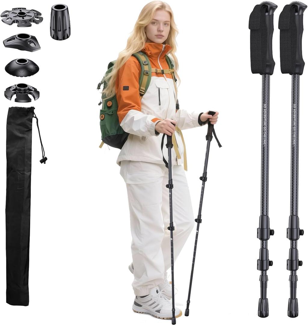 3K Carbon Fiber Trekking Poles - Collapsible, Lightweight Yet Sturdy Hiking Poles with EVA Grip, for Men & Women Hikers (Black)