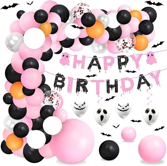 Halloween Pink Birthday Party Decorations Balloon Arch Foil Balloon Banner Bat Hanging Swirl for Halloween Happy Boo Day Baby Shower Party Supplies, Pack of 2