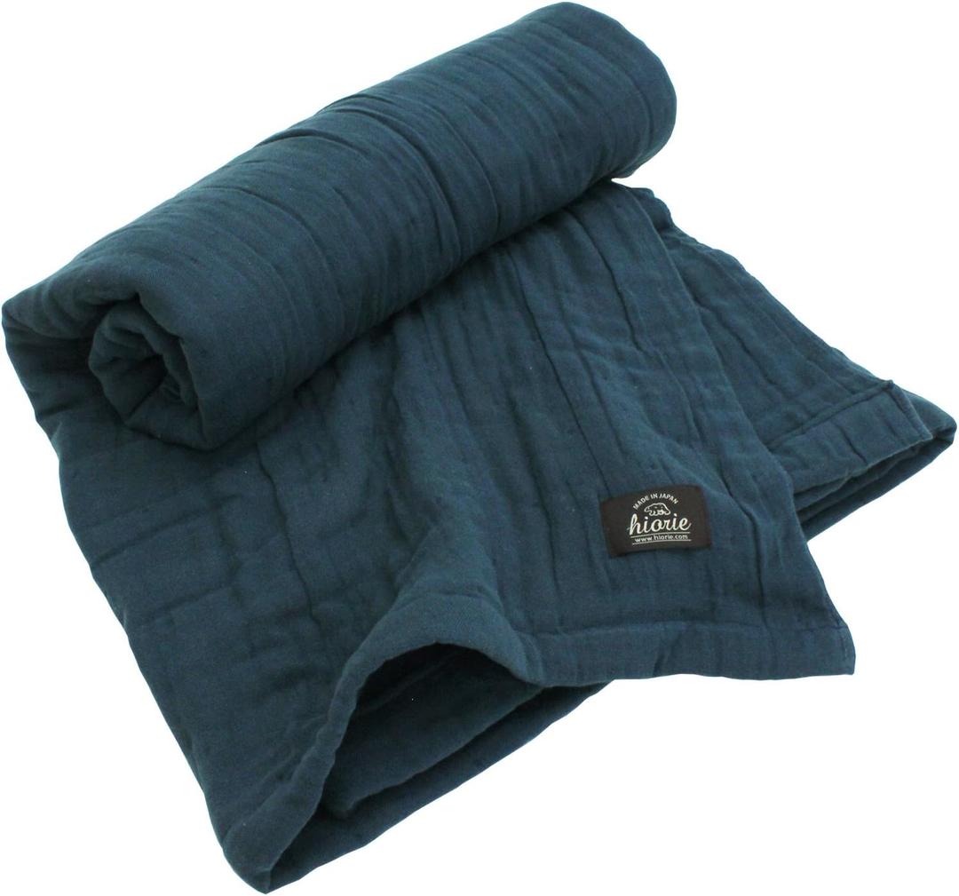 HIORIE Japanese Gauze Blanket, 8-Layered Twin Size, 100% Cotton, Lightweight Soft Breathable, All Season, Machine Washable, Navy, 69x79inches