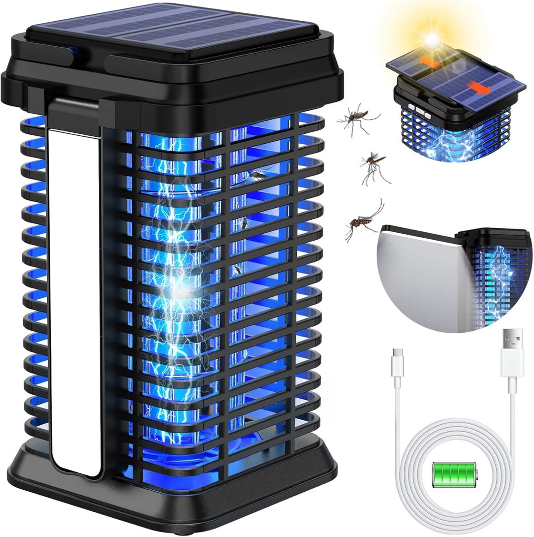Rechargeable Solar Bug Zapper Outdoor & Indoor, Fruit Fly Trap, Mosquito Gnat Moths Catcher, 4200V Grid, USB Charging, 5000mAh Battery, Fit for Home, Kitchen, Backyard, Camping, Patio, Black