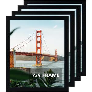 OMISHE 4 Pack 7x9 Picture Frame Black for Wall Hanging or Tabletop, 7 x 9 Frame Composite Wood Wall Gallery Photo Frame, Black