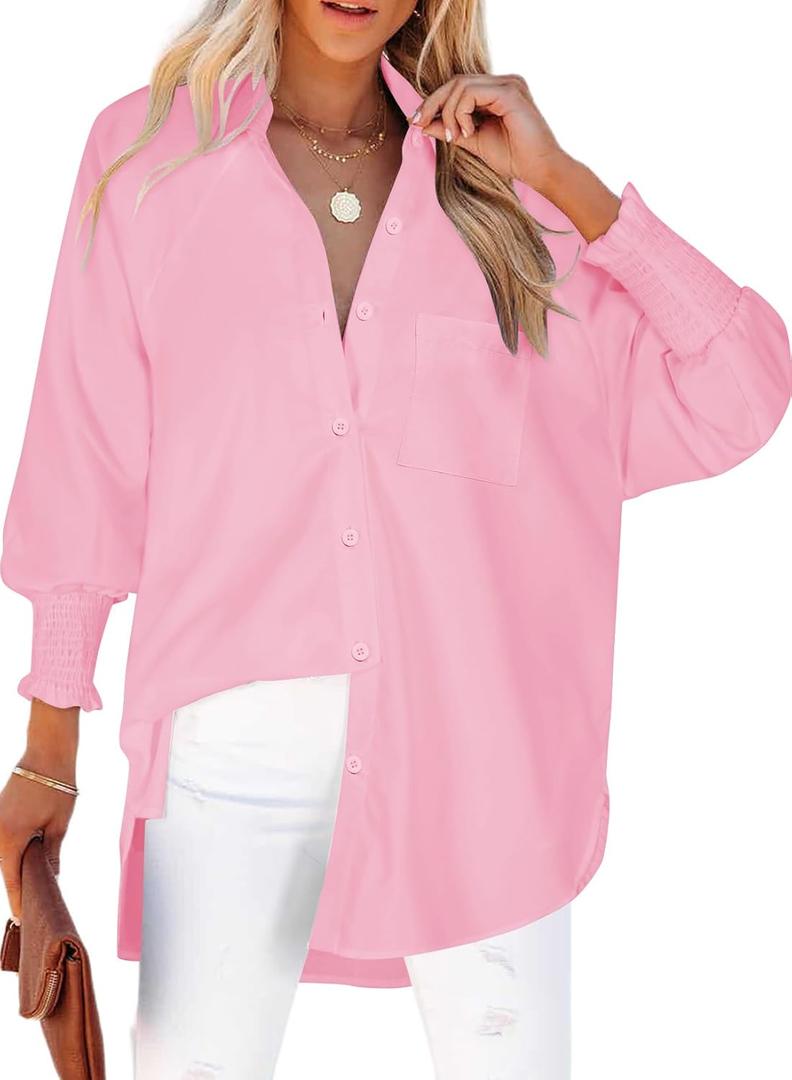 Womens Oversized Button Down Shirts Smocked Cuffed Ruffle Sleeve Boyfriend Blouses Collared Work Casual Top with Pockets (Pink, L)