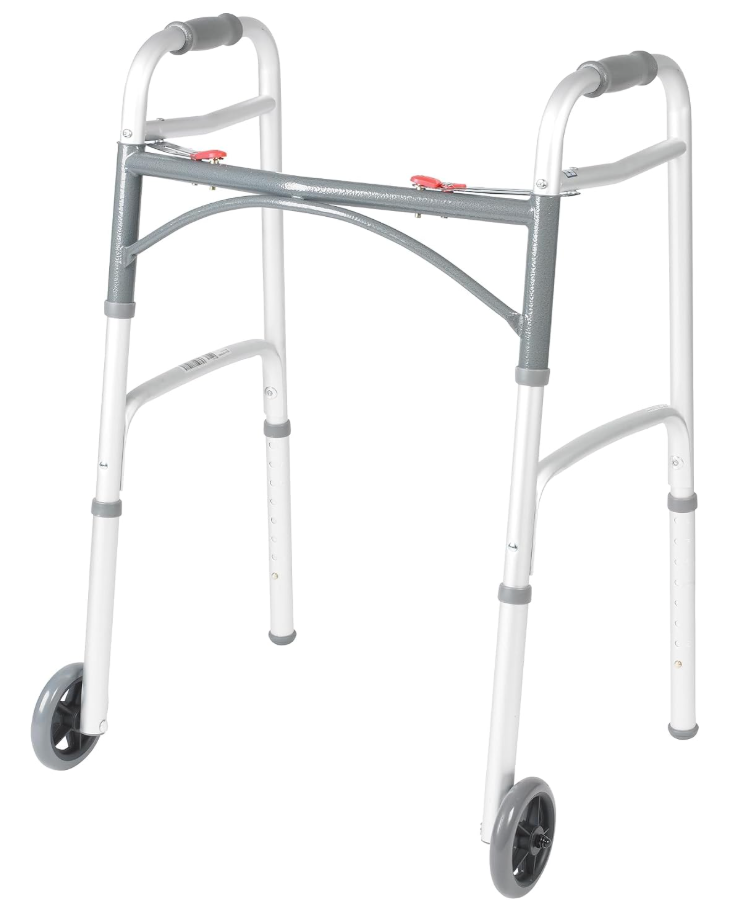 Drive Medical Two-Button Folding Walker with Wheels, Height Adjustable