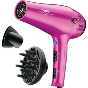 Conair Hair Dryer with Retractable Cord, 1875W Blow Dryer, 3 Heat Settings, 2 Speeds, Blow Dryer with Diffuser and Concentrator Attachments, Ionic + Tourmaline Technology, Purple