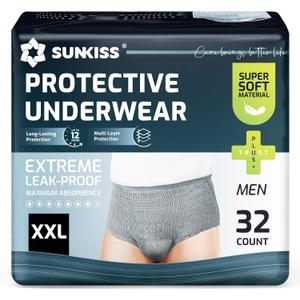 SUNKISS Super Soft Incontinence Underwear for Men,Daytime Disposable Adult Pull Ups,Mens Protective Briefs with Maximum Absorbency,XXLarge, Grey, 32 Count