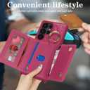 for Galaxy S25 Ultra Case with Card Holder and Strap for Women,Crossbody Lanyard, Make Up Mirror,Ring Stand,Snap Clasp,Cute Phone Wallet Cases 6.9 inch - Rose red