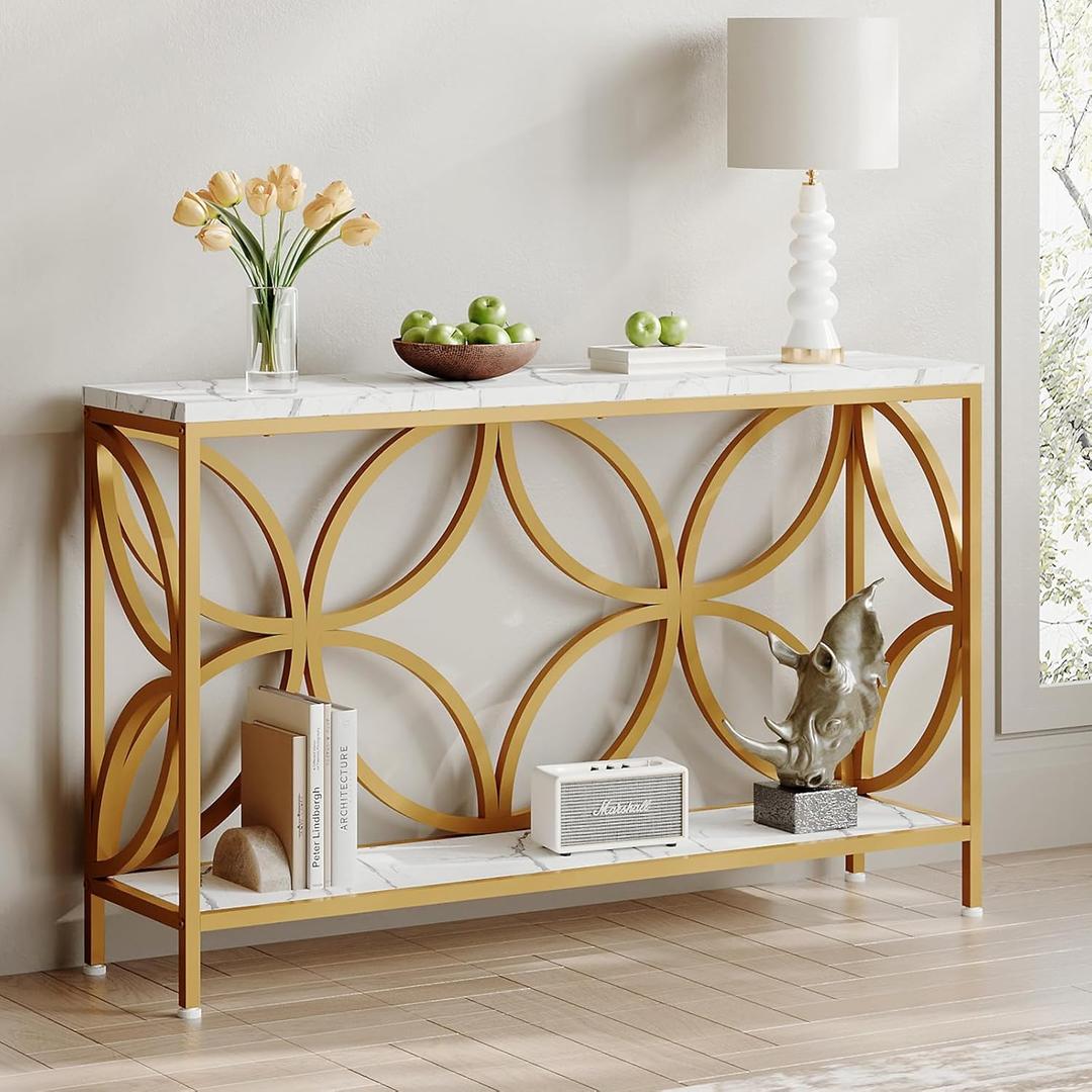 GiftGo Narrow Sofa Table 47.2 Inch, Industrial Sofa Table Behind Couch, Vintage Entry Console Table with Storage for Entryway, Living Room, Foyer, Elegant Design (White and Gold, 47.2)