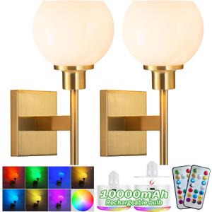 Battery Operated RGB Color Changing Rechargeable Wall Sconce Set of 2, Glass Globe, Up to 50 Hours Use, No Wiring for Bedroom Living Room (Color : Brass)