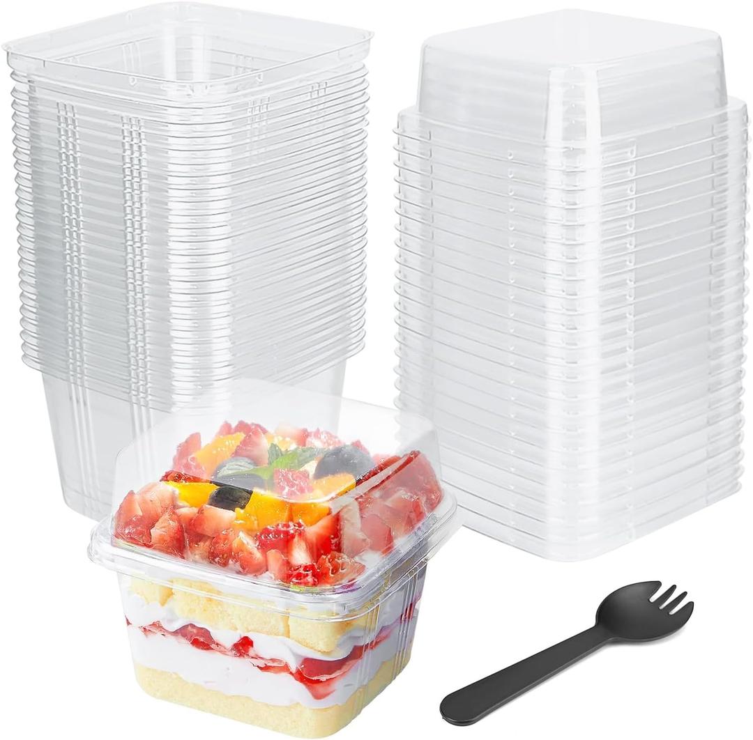 YOIYINI 25Pcs 8oz Mini Square Clear Dessert Cups with Lids and Spoons,Plastic Ice Cream Containers,Fruit Cups with Lid for Party,Disposable Dessert Cups for Fruit,Salads,Cupcakes,Parfait,Pudding