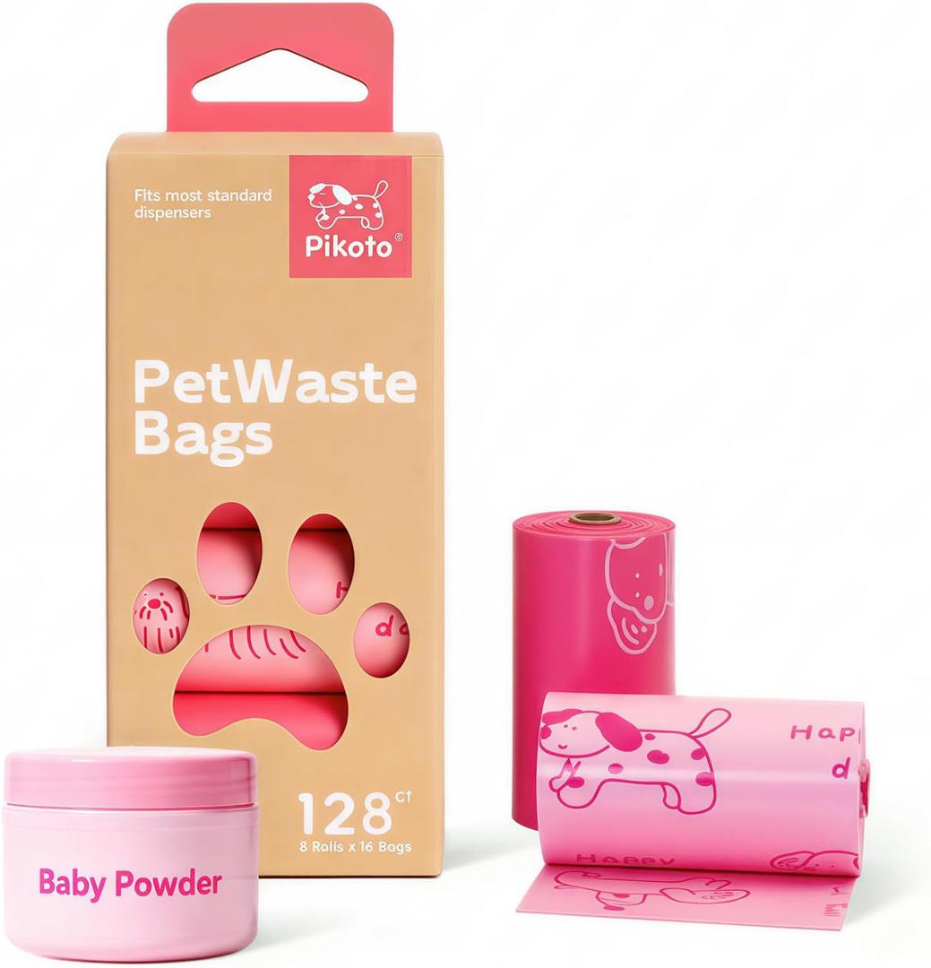 3 x Dog Poop Bags Rolls, 128 Count (8 Refills) - 60% Recycled Plastic Baby Powder Scented - Leak Proof, Extra Thick Waste Bag with Easy-Peel Sticker (Pink)