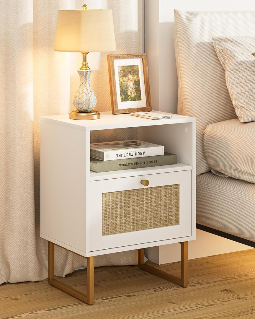 Rattan Nightstand, Boho Night Stand Farmhouse Wood Bedside Table with Storage and Open Shelf, End Side Accent Table for Bedroom,Living Room,White (Normal)