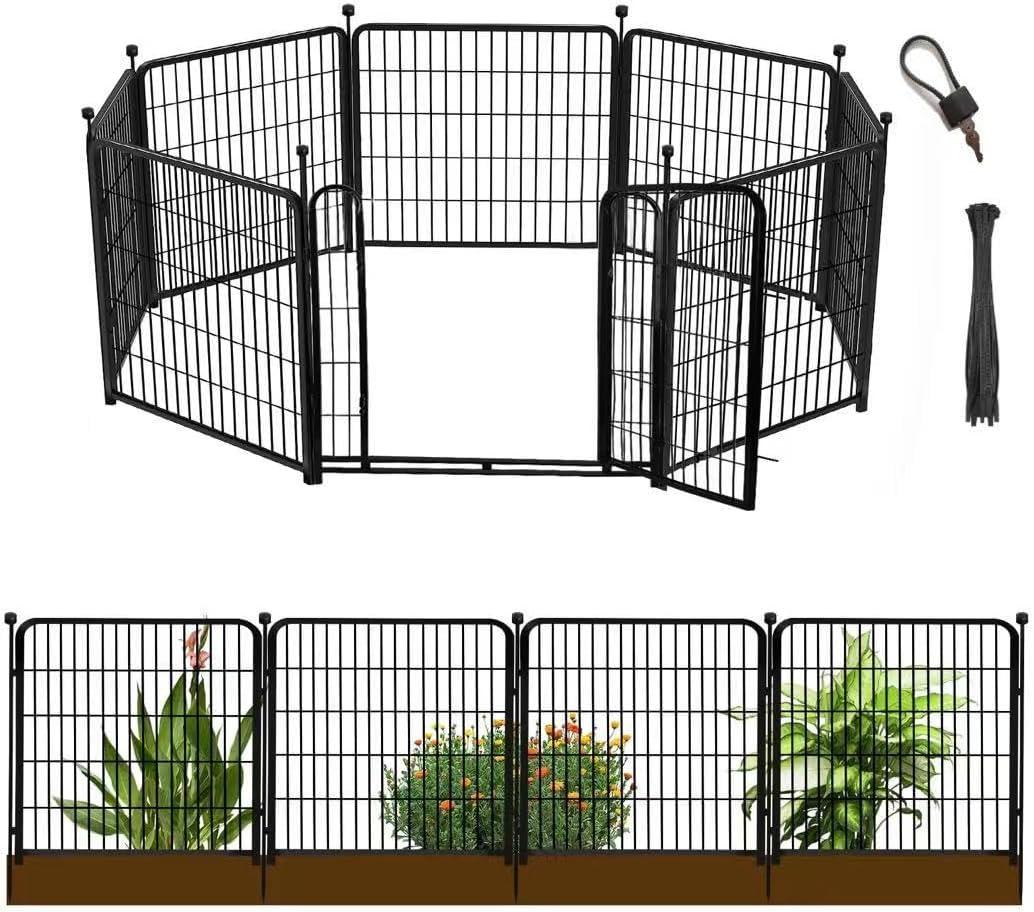 Getlay 24 in(H) Decorative Garden Fences with Gate, 8 Panels Total 15.7 ft(L) Heavy Duty Iron Animal Barrier Fence for Yard,Suitable for Indoor Pet Fence Or Outdoor Dog Fencing, Garden Border Fence