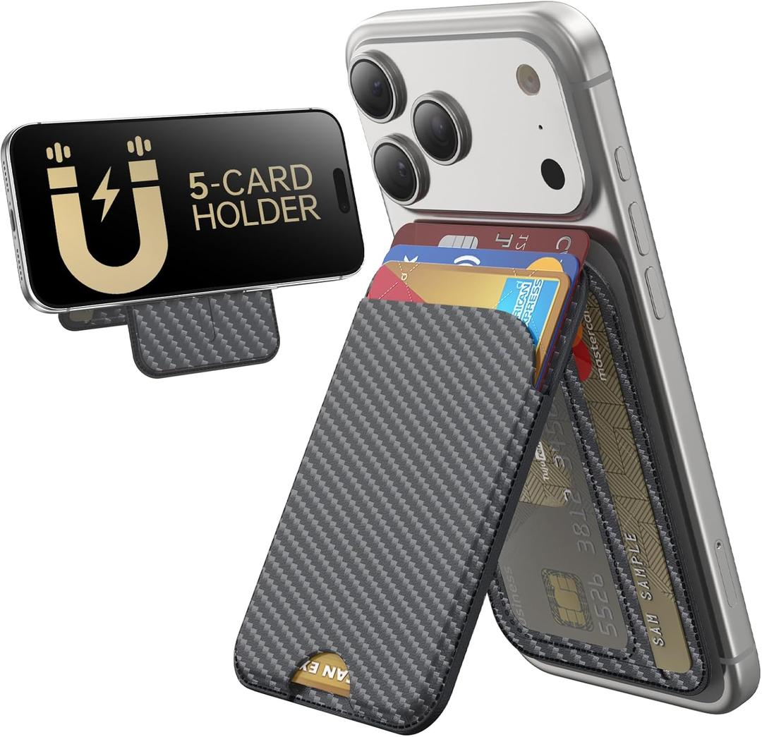 TWZKG for MagSafe Wallet, 5 Cards Holder with Stand, Magnetic Phone Wallet Stand for iPhone 17/16/15/14/13/12 Pro Max Air Plus Series, RFID Blocking Vegan Leather,Carbon Fiber
