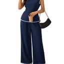 BeryLove 2 Piece Sets for Women Casual Short Sleeve Summer Tops and High Rise Wide Leg Pants Lounge Sets Navy-L