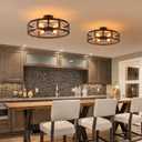 6-Light Large Rustic Farmhouse Wood Flush Mount Ceiling Light Fixture 20 inch Oak Wood and Metal Round Semi Flush Mount Ceiling Light for Hallway Entry Dining Farmhouse Bedroom Living Room, Black, Large 6 lights 1 pack