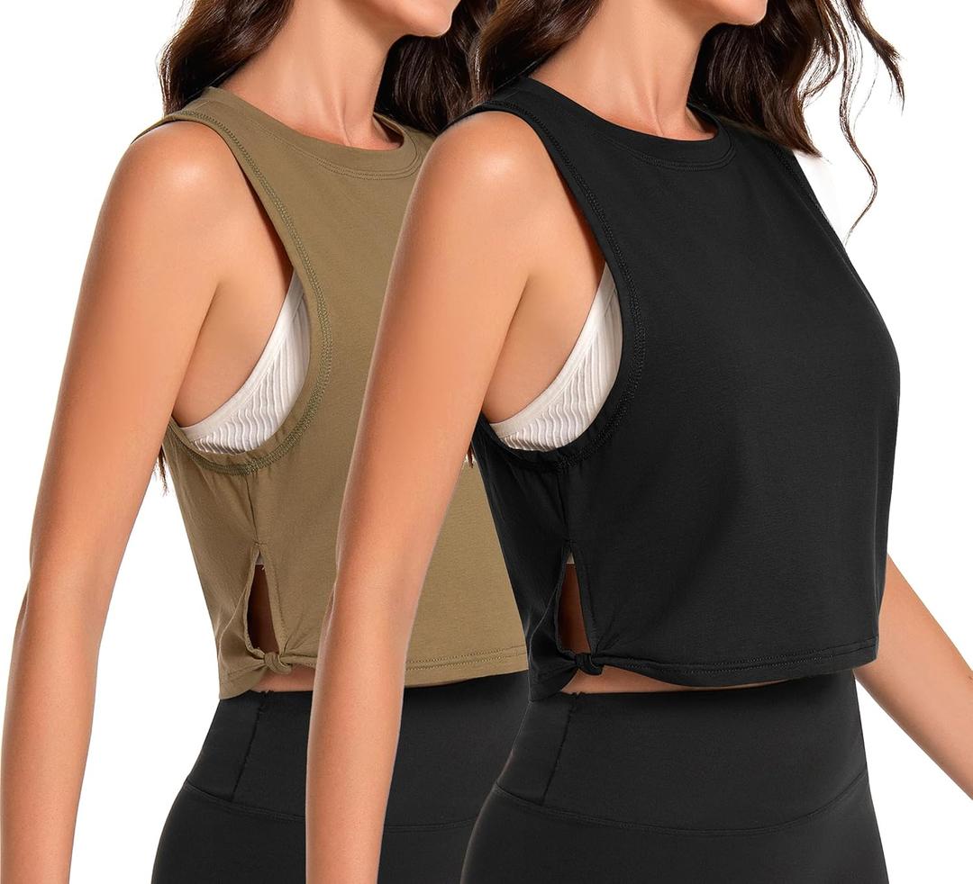 Cotton Workout Yoga Crop Tank Tops for Women Breathable Activewear Sleeveless Running Gym Shirts Athletic Clothes (Small, Black+green)