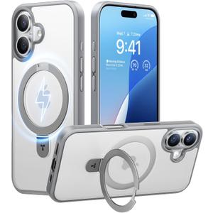 TORRAS Magnetic for iPhone 16 Case with Stand, Built-in Stand Compatible with MagSafe, 3X Military-Grade Protection, Translucent Slim Phone Case for iPhone 16 6.1'', Matte Gray (iPhone 16 6.1 inch, Gray)