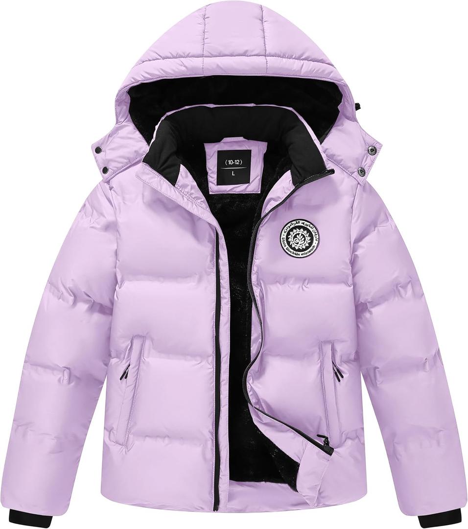 Kids Winter Coat Warm Fleece Thermal Padded Jackets with Detachable Hood Outdoor Puffy Jacket with Zip Pockets (X-Large, Purple)