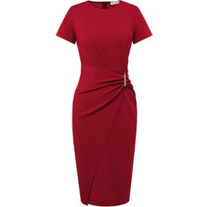 GRACE KARIN Work Dresses for Women 2026 Short Sleeve Sheath Business Midi Dress Wrap Bodycon Office Cocktail Outfits (Red, M)