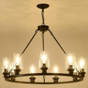 Black Wagon Wheel Chandelier 32 Inch Modern Farmhouse Glass Pendant Light 9-Light Ceiling Hanging Lighting Fixtures for Living Room Dining Room Kitchen Island Foyer