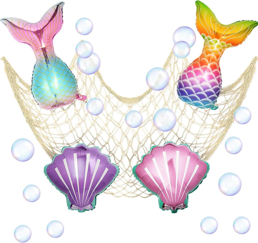 17 Pcs Mermaid Party Decorations Balloons Fishing Net Ocean, 33.4 x 20.4 inches, 29.3 x 20 inches