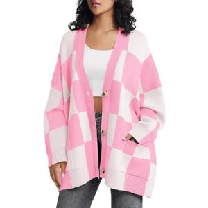 Saodimallsu Womens Checkered Sweater Color Block Plaid Oversized Cardigan Long Sleeve V Neck Button Down Knit Coats (Large, Pink)