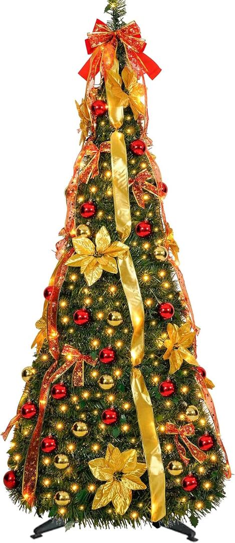 6 ft pre-lit Decorated Christmas Tree, 200 LED Warm Lights, Prelit pop-up Christmas Tree, Fully Decorated 66 Ornaments, Collapsible Pull Up Christmas Tree with Lights for Indoor Home Party Decor (European Plug)