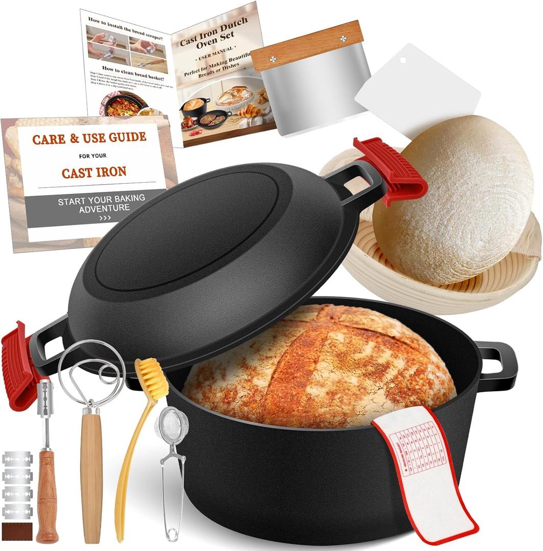 Cast Iron Dutch Oven for Bread Baking, Banneton Bread Proofing Basket Sourdough Bread Baking Supplies, 2-in-1 Dutch Oven Pot with Skillet Lid Cooking Pan Handles Lame, 5QT
