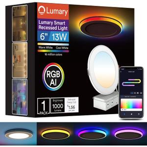 Lumary RGBAI Smart Recessed Lighting 6 Inch with Gradient Accent and Night Ring, 13W 1000LM Wi-Fi LED Recessed Lights, LED Downlight Compatible with Alexa/Google Assistant/Siri, 1PCS