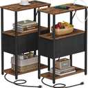 TUTOTAK Small Narrow End Table with Charging Station, Set of 2, Side Table with Outlets, Nightstand with Cloth Drawer, Couch Table, for Living Room, Bedroom, Bedside, Brown and Black TB01BB058K