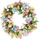 Artificial Wreath for Front Door, 16 Inch Spring Summer Wreath with Roses and Hydrangeas, Outdoor/Indoor All Season Home Decor, Farmhouse Wedding Wall Decor Gift