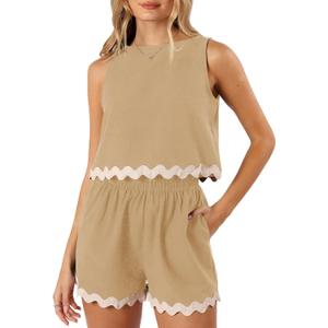 Tankaneo Women's 2 Piece Vacation Outfits Lounge Sets Casual Cropped Tank Tops Shorts Matching Set (X-Large, Khaki)