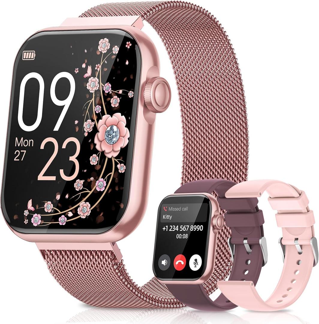 Smart Watches for Women,Fitness Tracker Smartwatch for Android Phones/iPhone Compatible,1.85" Womens Watch with Blood Pressure Monitor,Calls and Messages/Heart Rate/Sleep/Female Cycle(3 Watch Bands) (Pink)