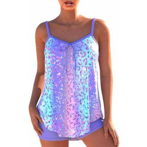 Two Piece Flowy Tankini Swimsuits for Women, Graffiti Print Curved Hem Tank Top with Boyshorts, XXL