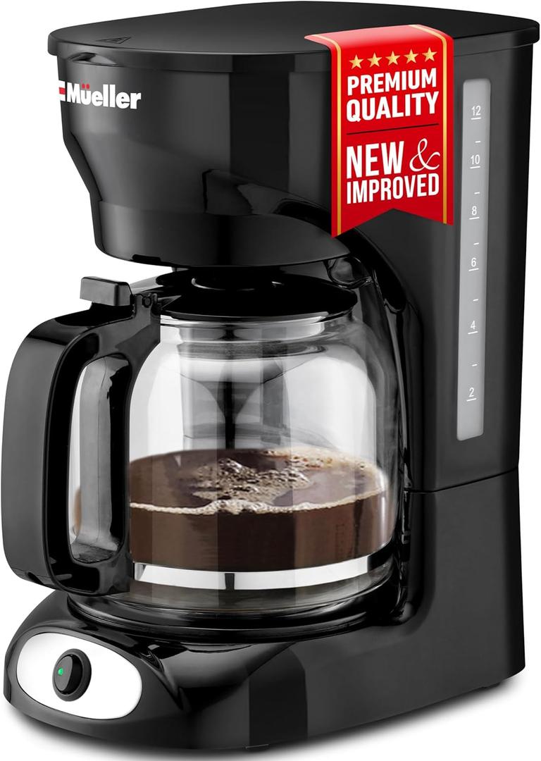 Mueller 12-Cup Drip Coffee Maker - Borosilicate Carafe, Auto-Off, Reusable Filter, Anti-Drip, Keep-Warm Function, Clear Water Level Window Coffee Machine, Kitchen Essentials & Accessories (Black)