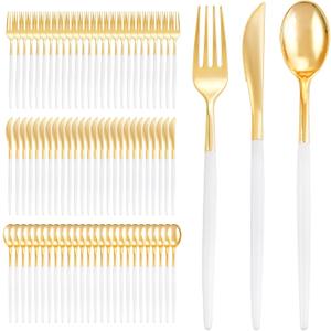 I00000 300 Pcs Gold Plastic Silverware - Gold Disposable Silverware - Premium White Cutlery Set Include 100 Forks 100 Knives 100 Spoons,Plastic Cutlery Party Set for Party & Wedding
